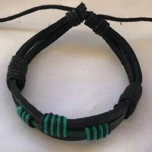 Black & Green Wrap Braided Leather Handmade Bracelet Adjustable Wristband